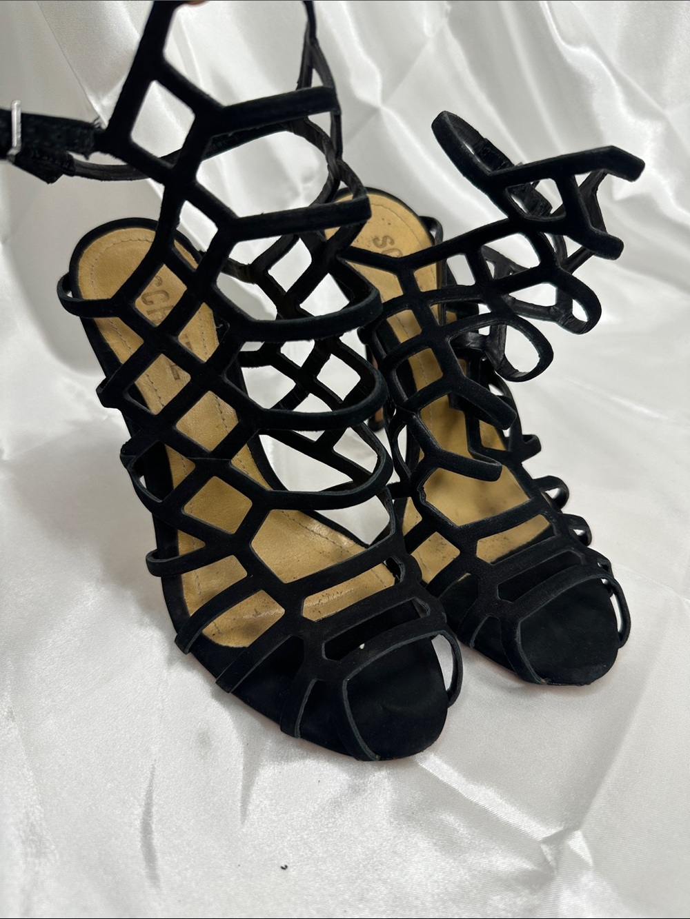 SCHUTZ Black Geometric Cage High-Heel Sandals
